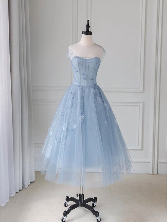 Blue round neck tulle lace short prom dress, blue homecoming dress,DS1978