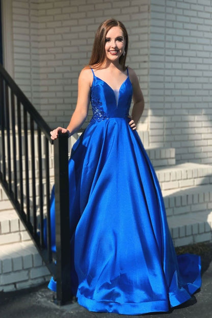 Blue v neck satin long prom dress blue evening dress,DS2099