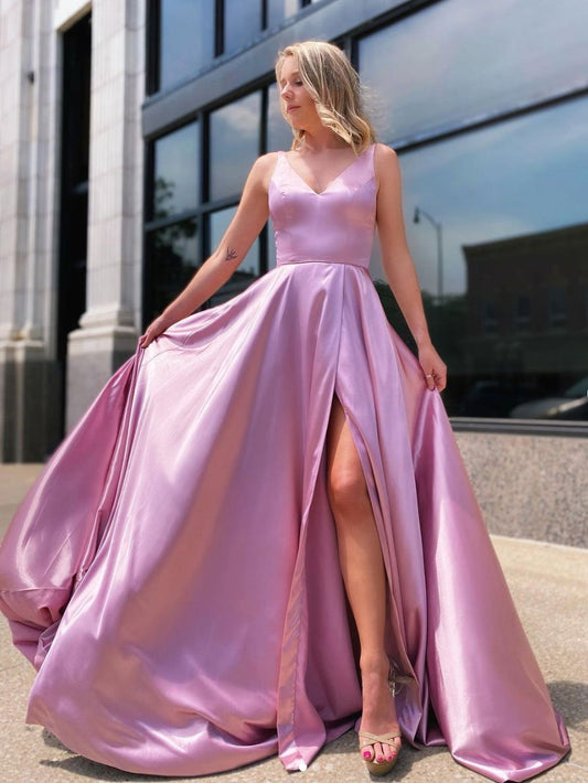 Simple pink satin long prom dress, pink long bridesmaid dress,DS1985