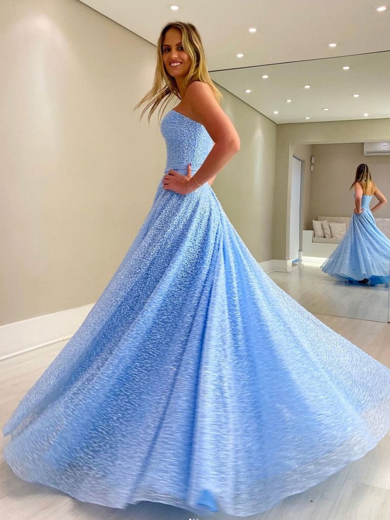 BLUE SWEETHEART NECK TULLE BEADS LONG PROM DRESS,DS3391