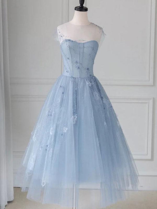 Blue round neck tulle lace short prom dress, blue homecoming dress,DS1978