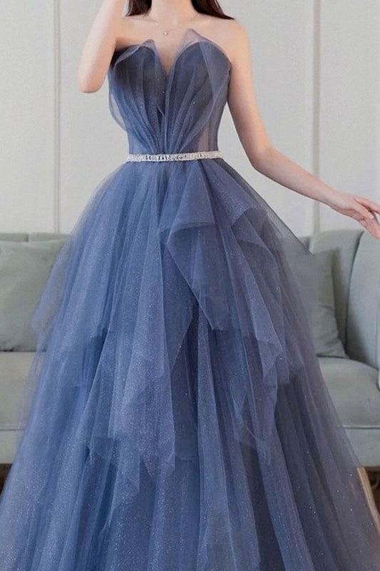 Blue sweetheart neck tulle long prom dress blue tulle formal dress,DS2024