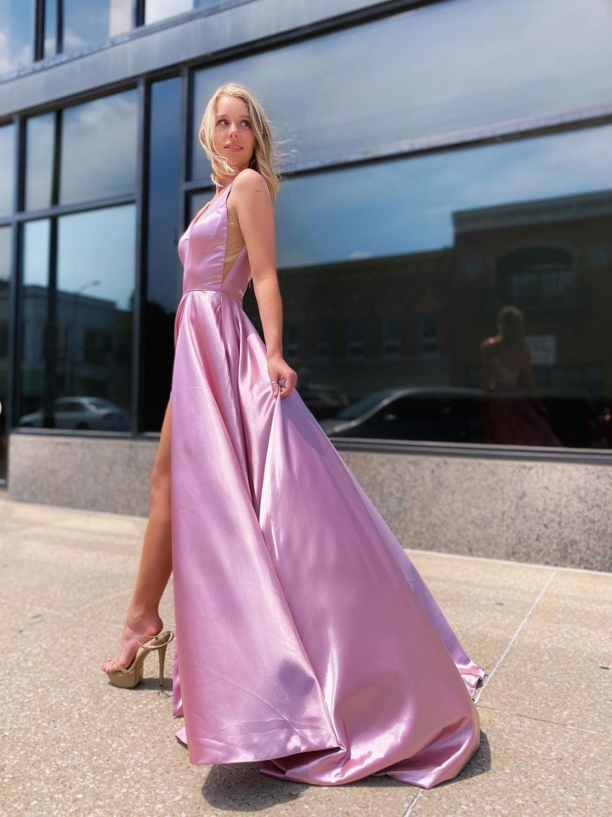 Simple pink satin long prom dress, pink long bridesmaid dress,DS1985