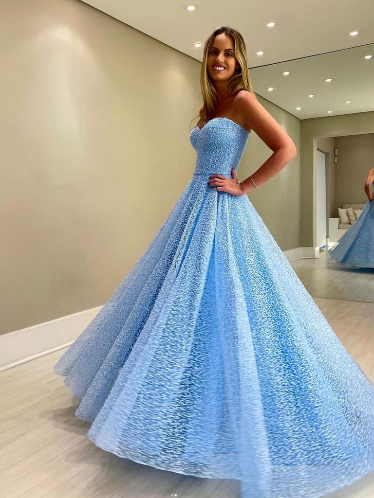 BLUE SWEETHEART NECK TULLE BEADS LONG PROM DRESS,DS3391