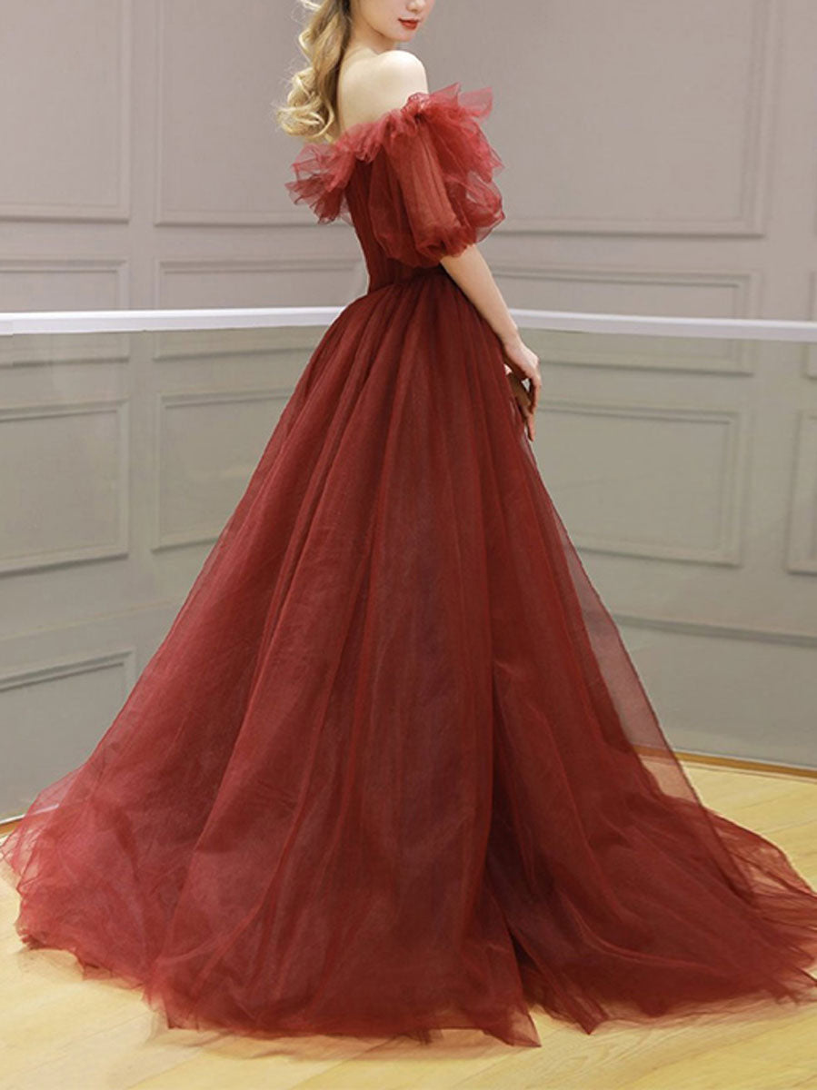 Burgundy off shoulder tulle long prom dress, burgundy evening dress,DS4545