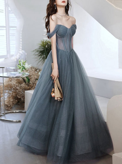 A-line sweetheart neck gray blue tulle long prom dress blue evening dress,DS3986