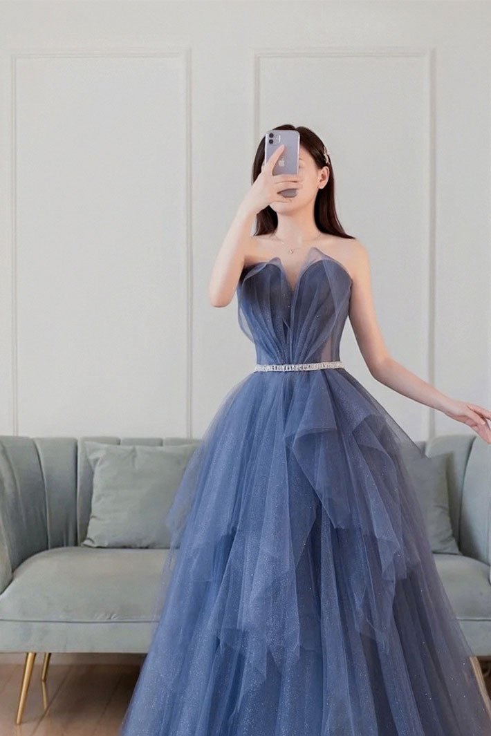 Blue sweetheart neck tulle long prom dress blue tulle formal dress,DS2024