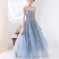 Blue round neck tulle lace short prom dress, blue homecoming dress,DS1978