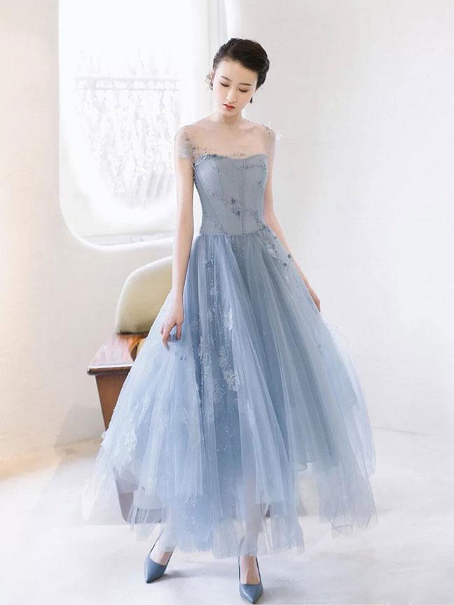 Blue round neck tulle lace short prom dress, blue homecoming dress,DS1978