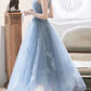 Blue round neck tulle lace short prom dress, blue homecoming dress,DS1978