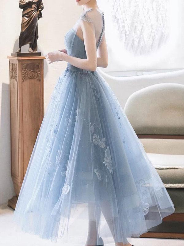 Blue round neck tulle lace short prom dress, blue homecoming dress,DS1978