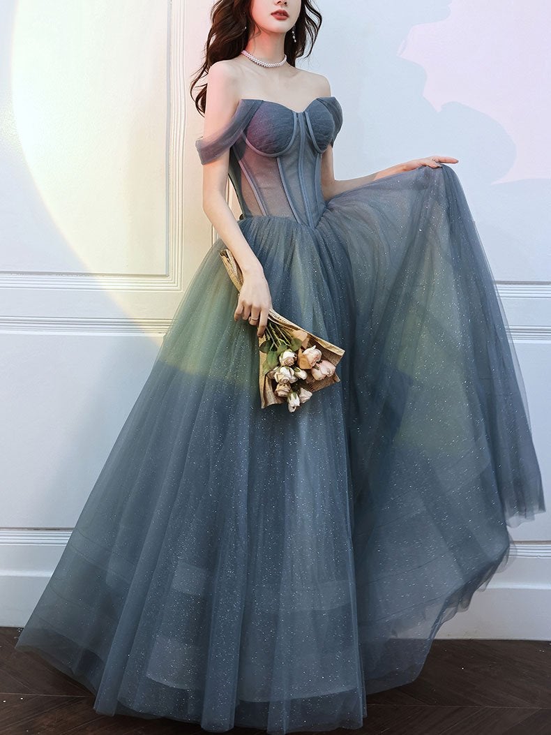 A-line sweetheart neck gray blue tulle long prom dress blue evening dress,DS3986