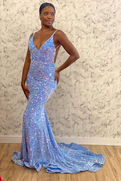 V-Neck Light Blue Sequins Mermaid Long Prom Dress,WD5754 – DSProm