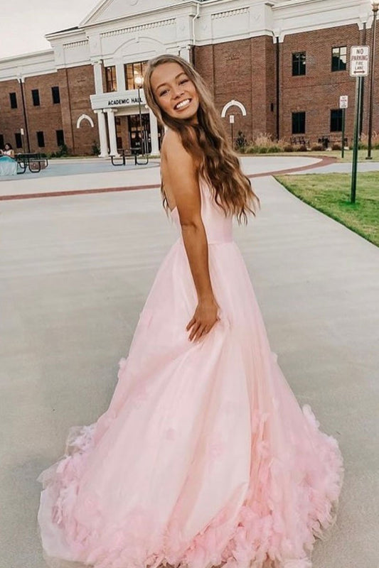 Pink tulle applique long prom dress pink tulle formal dress,DS2007