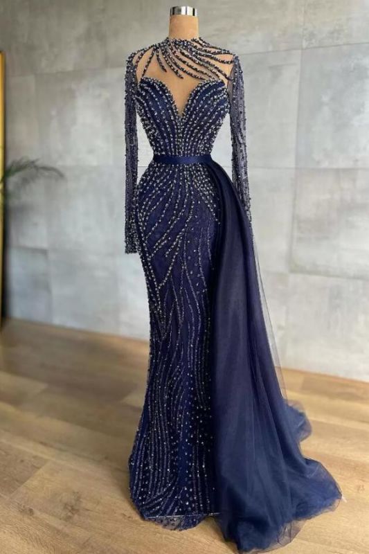 Stylish High Neck Navy Mermaid Evening Dress with Detachable Tulle Train Crystals Beads Long Prom Dress,DS3720