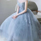 Blue round neck tulle lace short prom dress, blue homecoming dress,DS1978