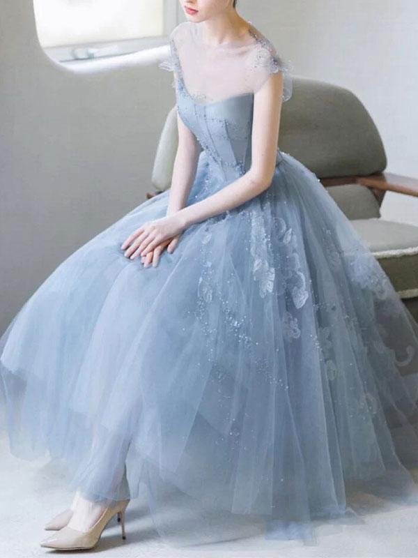 Blue round neck tulle lace short prom dress, blue homecoming dress,DS1978