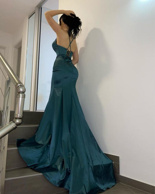 Dark Green Simple V-neck Long Mermaid Prom Dresses,F04805