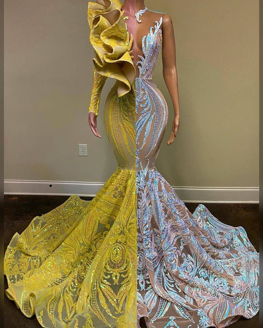 Gorgeous Bicolor Tddecoration V-neck One Shoulder Long Sleeve Floor-length Mermaid Prom Dresses,DS4748