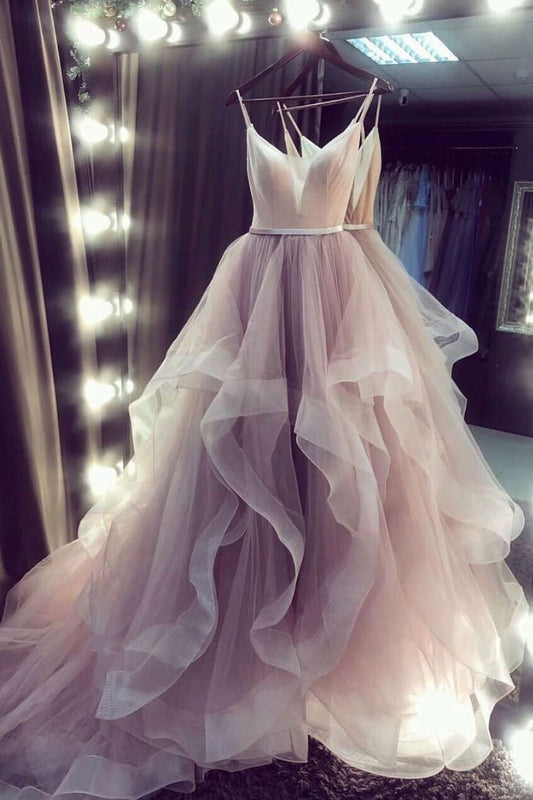 Champagne v neck tulle long prom dress champagne tulle formal dress,DS2083