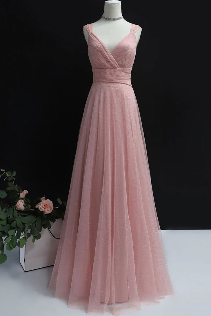 Simple pink tulle long prom dress pink tulle evening dress,DS2343