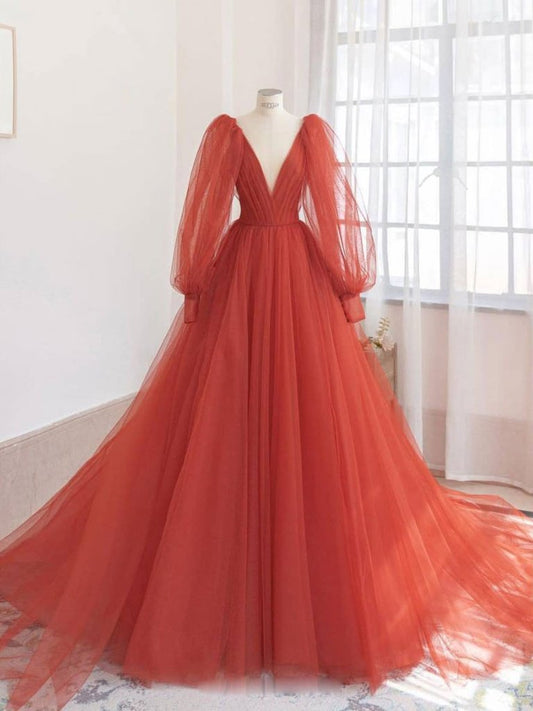 ORANGE V NECK TULLE LONG PROM DRESS, ORANGE EVENING DRESS,DS3413