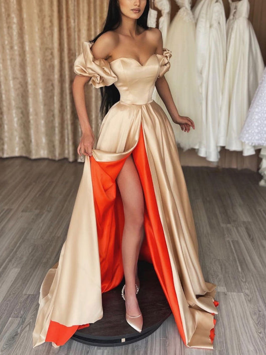 CHAMPAGNE SWEETHEART NECK SATIN LONG PROM DRESS, UNIQUE EVENING DRESS,F04741