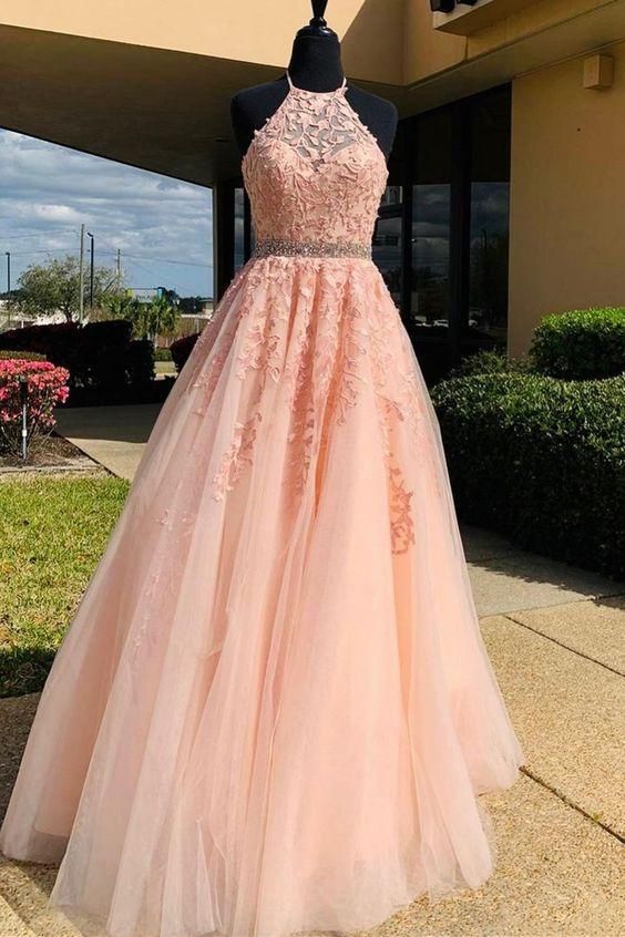 halter A-line pink tulle and lace appliques long prom dress,DS4084