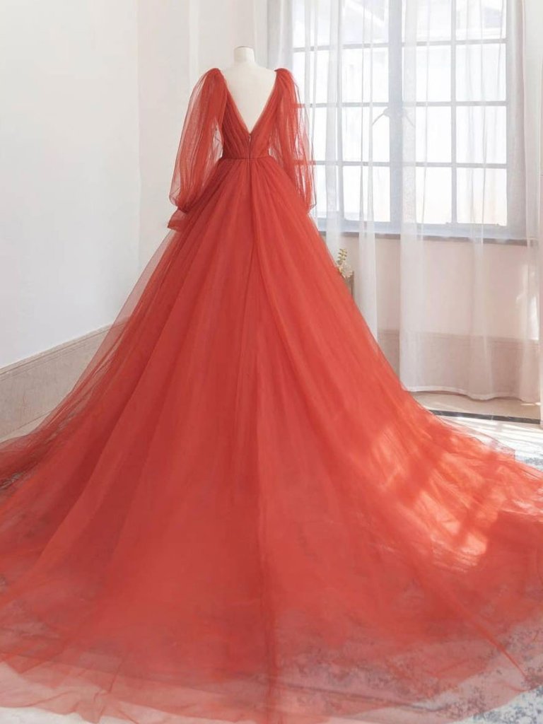 ORANGE V NECK TULLE LONG PROM DRESS, ORANGE EVENING DRESS,DS3413