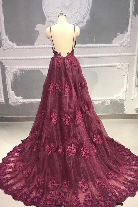 V Neck Burgundy Backless Lace Prom Dresses, Burgundy Backless Lace Evening Dresses,DS1787