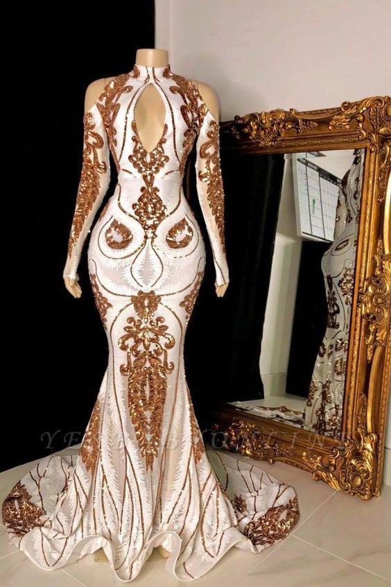 White and Gold High Neck Keyhole Long Sleeves Mermaid Prom Dresses,DS4616