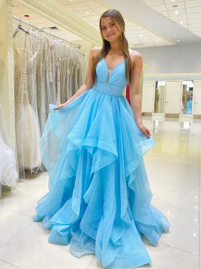 Simple blue v neck tulle long prom dress, blue tulle formal dress,DS1967