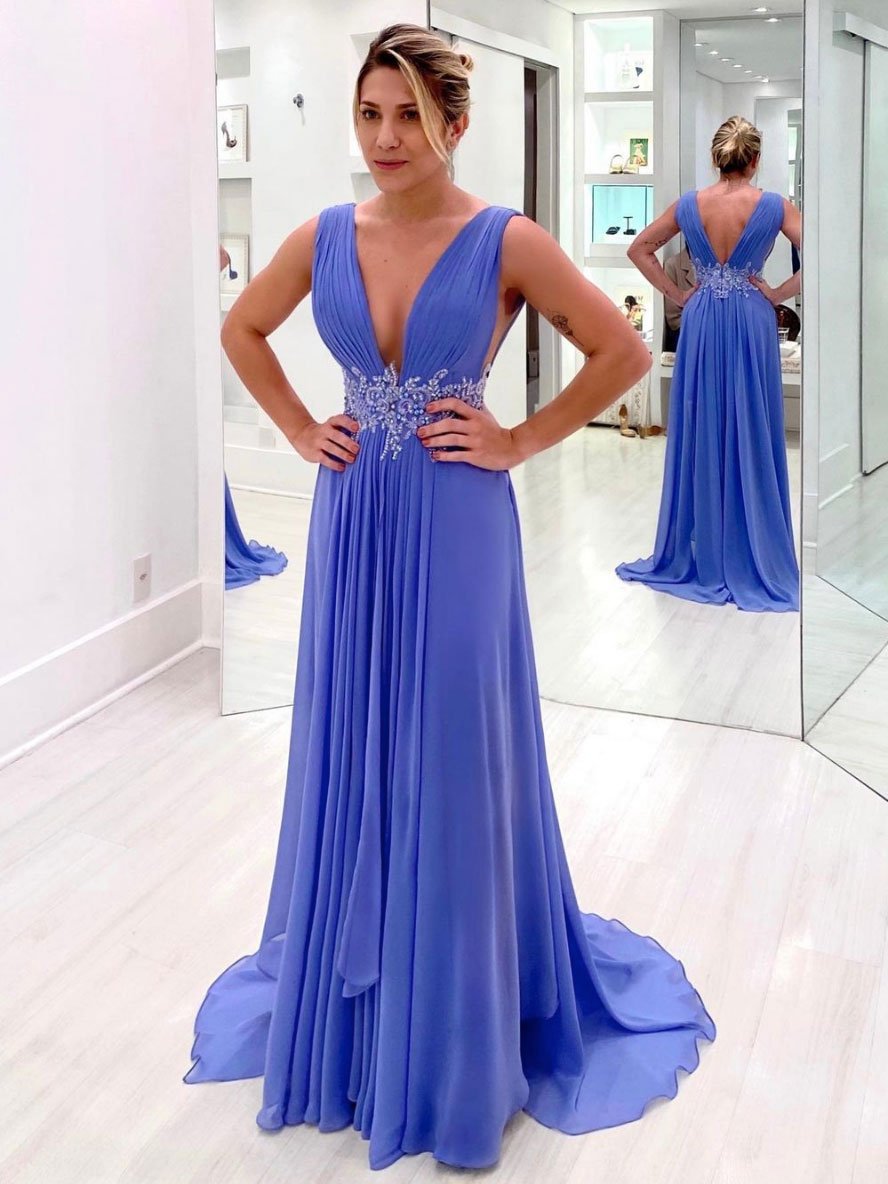 Blue v neck chiffon lace long prom dress, blue bridesmaid dress,DS1975