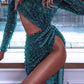 Glamorous High Neck Dark Green Long Sleeves Prom Dress Split With Sequins DS4642