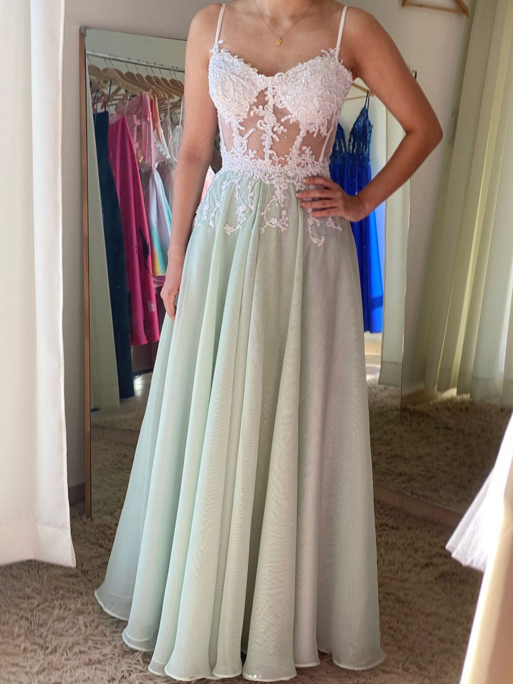 GREEN A LINE CHIFFON LACE LONG PROM DRESS, GREEN EVENING DRESS,F04837