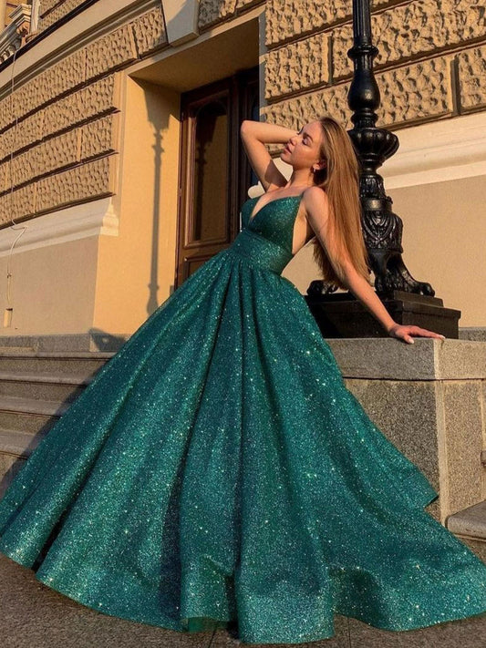 GREEN V NECK SEQUIN LONG PROM DRESS, GREEN FORMAL DRESS,F04762