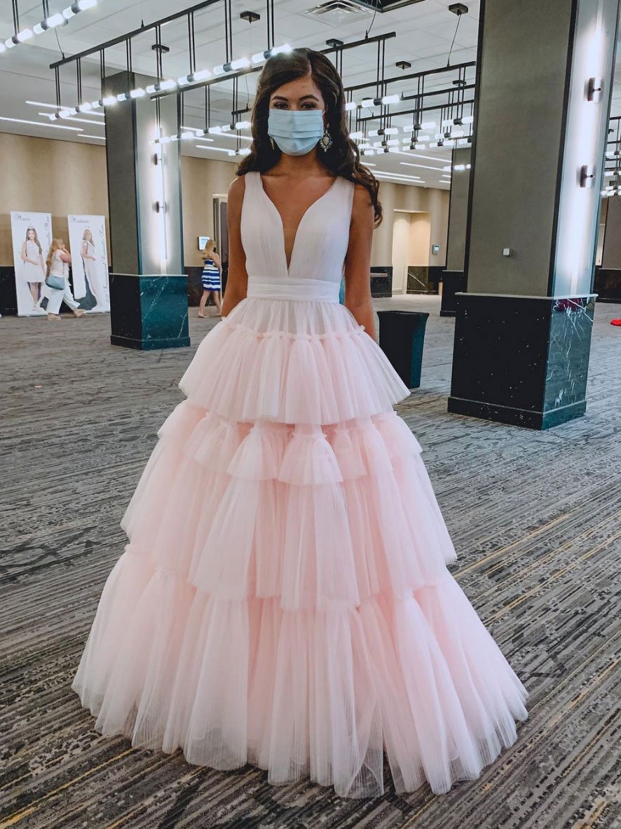 Pink v neck tulle long prom dress pink tulle formal dress,DS1997