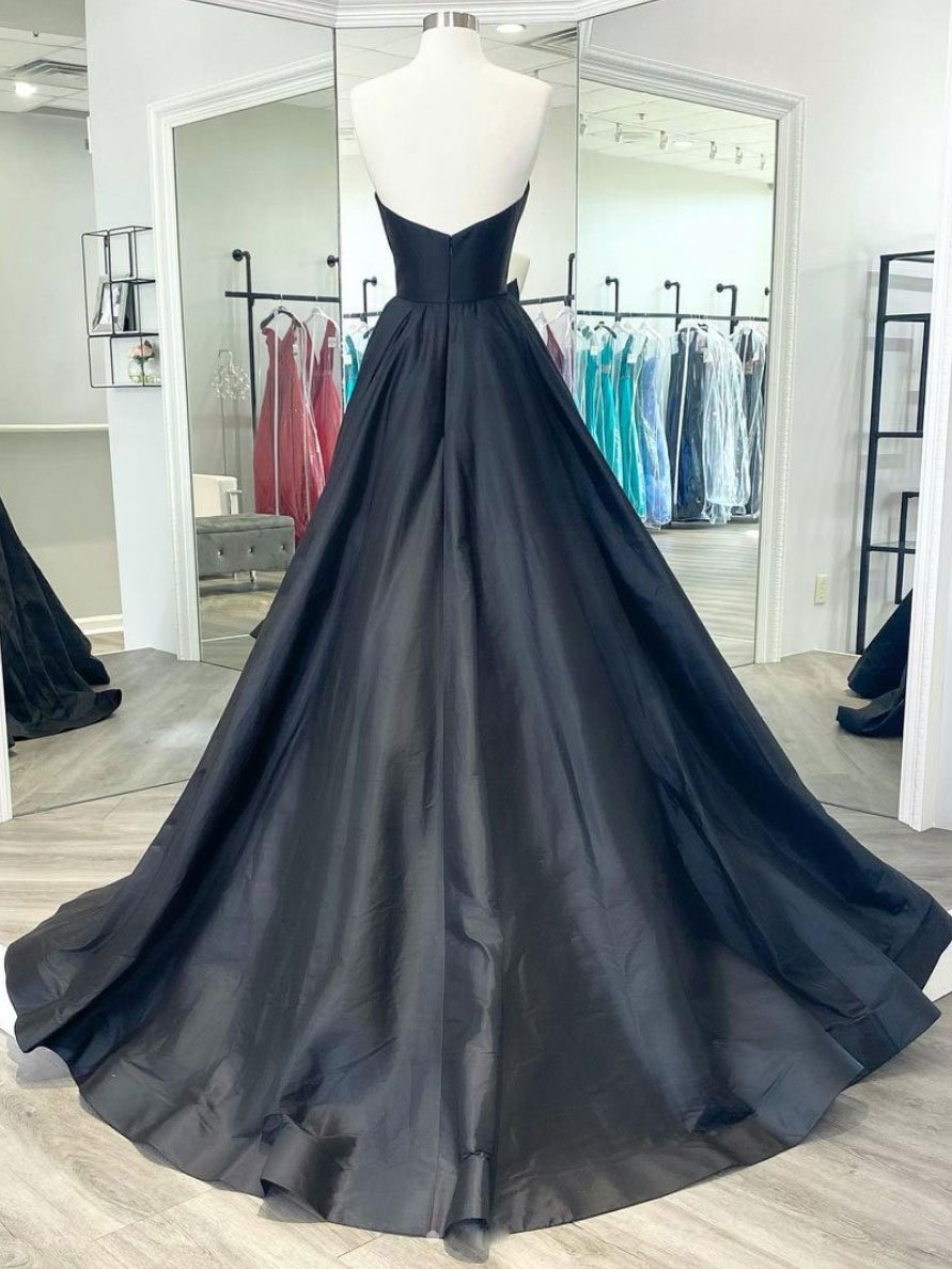 Simple black satin long prom dress, black evening dress,DS1982