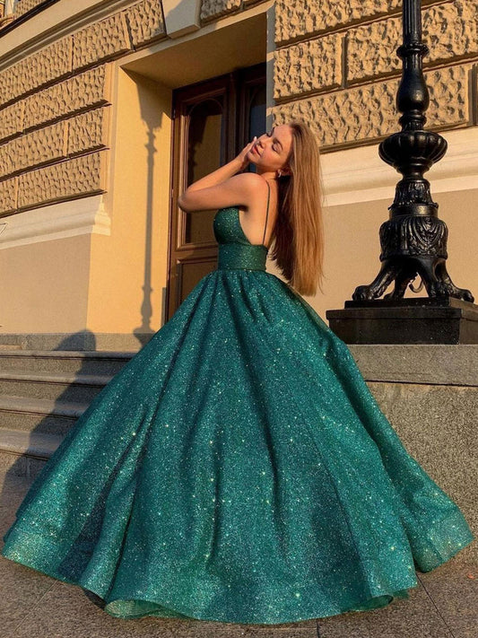 GREEN V NECK SEQUIN LONG PROM DRESS, GREEN FORMAL DRESS,F04762