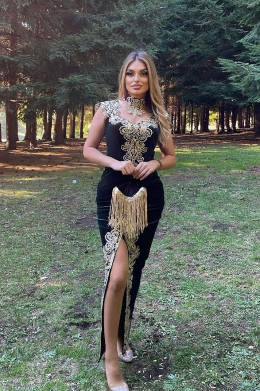 Stunning Velvet Evening Gown Sleeveless Gold Appliques Formal Dress with Detachable Train Side Slit,DS3727