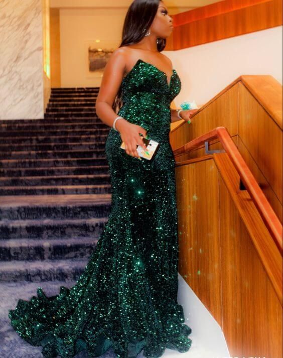 Sparkly Sequin Green Long Mermaid Evening Dresses Black Women,DS4449