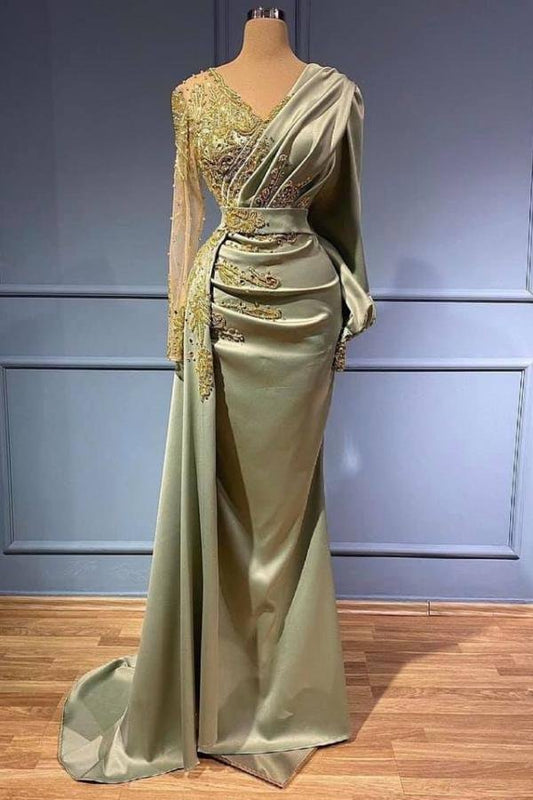 Long Sleevess V-Neck Mermaid Evening Dress With Lace Appliques,DS3252