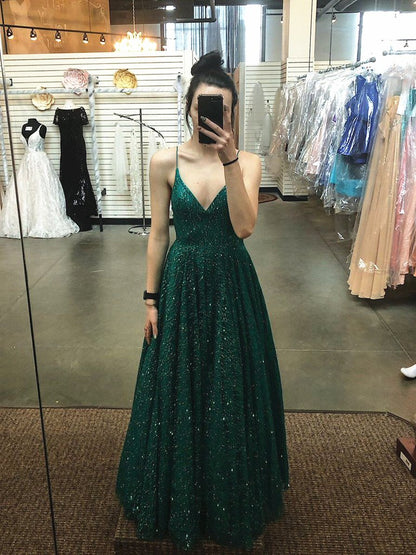 Shiny A Line V Neck Emerald Green Prom Dresses, Green V Neck Formal Graduation Evening Dresses,DS1796