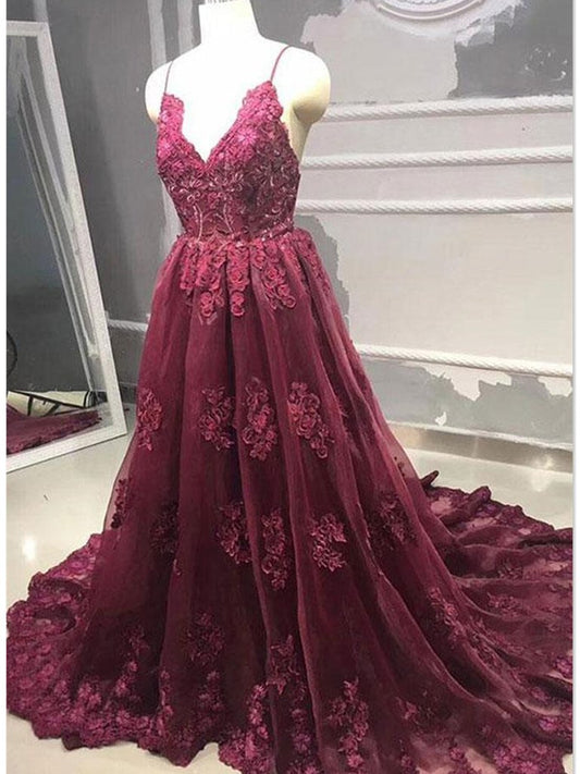 V Neck Burgundy Backless Lace Prom Dresses, Burgundy Backless Lace Evening Dresses,DS1787