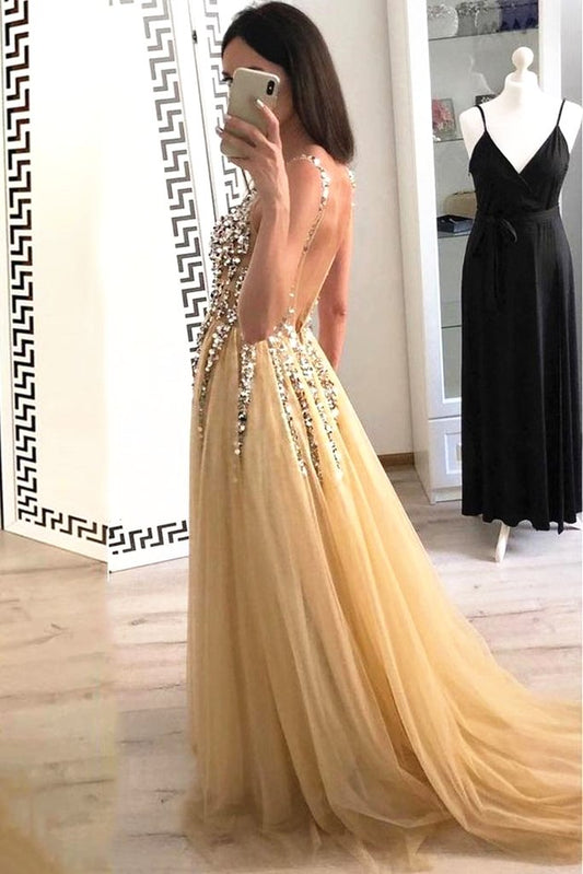 V Neck Backless Yellow Prom Dresses, V Neck Yellow Backless Formal Graduation Evening Dresses,DS1812