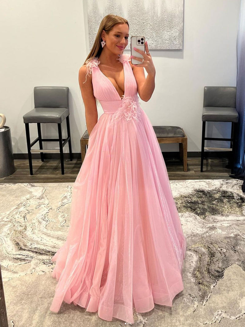 PINK V NECK TULLE LONG PROM DRESS, PINK TULLE EVENING DRESS,F04755