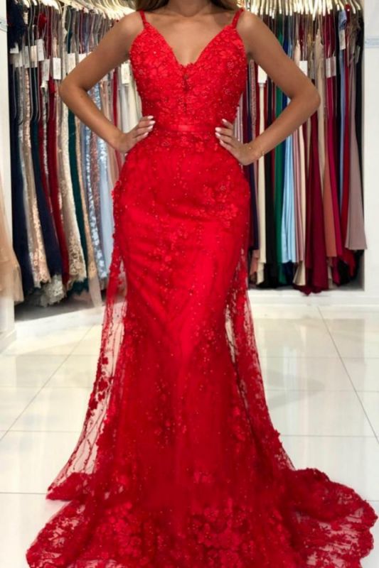 Graceful Sleeveless Tulle Ruby Beading Lace Mermaid Prom Dresses,DS2799