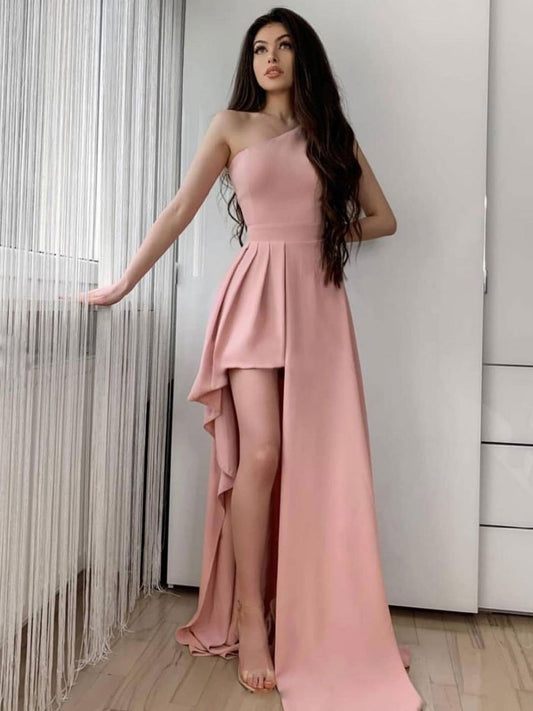 Simple pink one shoulder long prom dress pink evening dress,DS1989