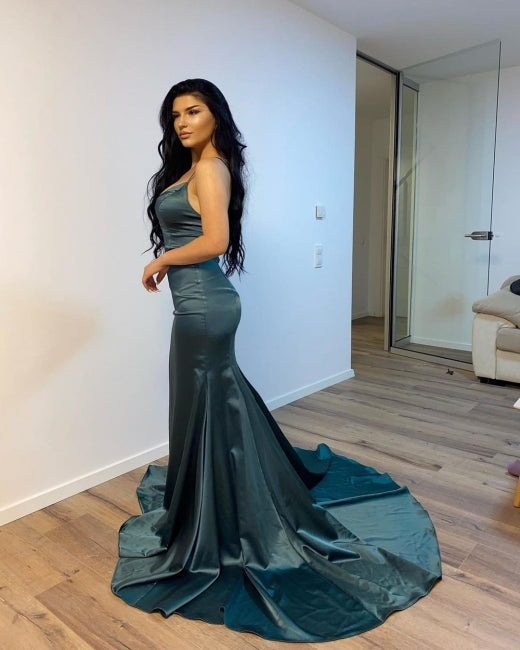 Dark Green Simple V-neck Long Mermaid Prom Dresses,F04805