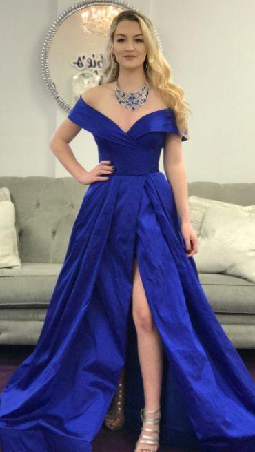 Off Shoulder Royal Blue High Slit Prom Dresses, Off Shoulder Formal Dresses, Graduation Dresses,DS1854